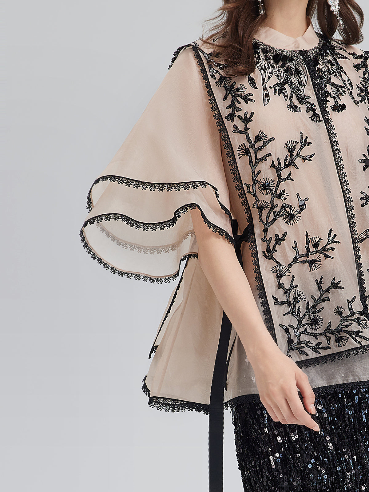 İpek Aplike Boncuklu Katmanlı Görünümlü Bluz