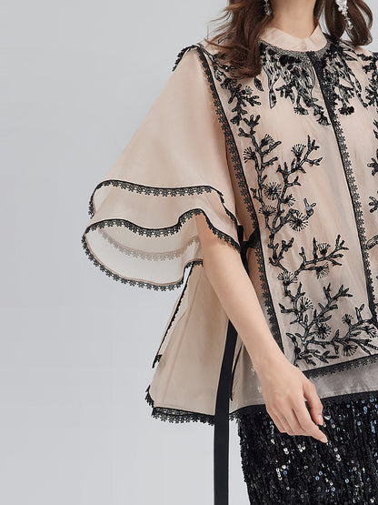 İpek Aplike Boncuklu Katmanlı Görünümlü Bluz