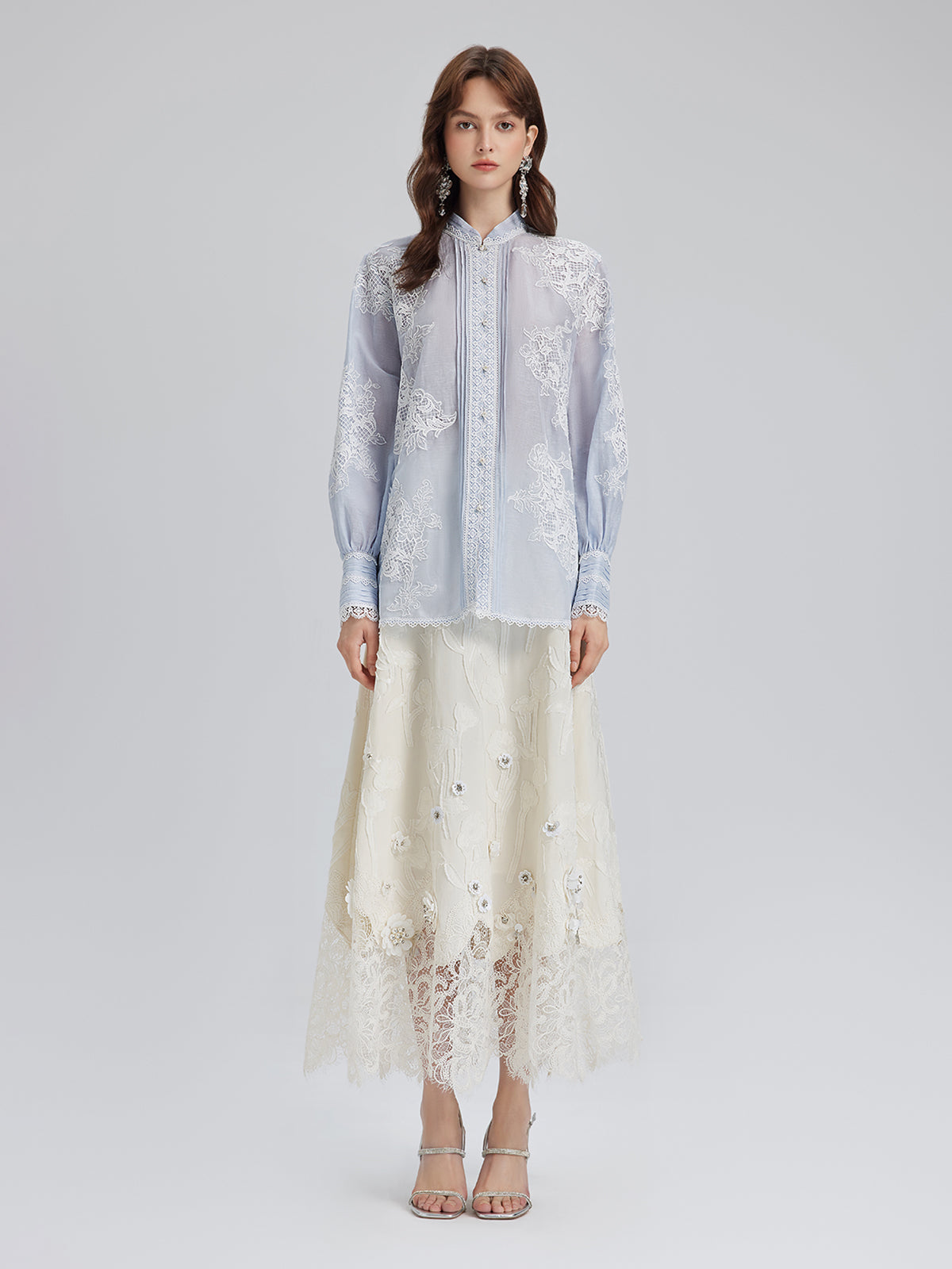 El Yapımı Yama İşli Keten Karışımlı Dantel Gömlek