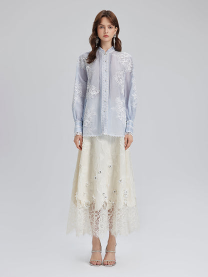 El Yapımı Yama İşli Keten Karışımlı Dantel Gömlek