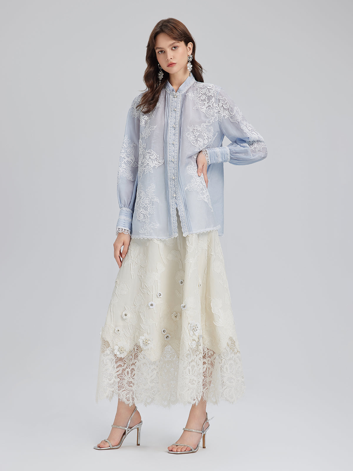 El Yapımı Yama İşli Keten Karışımlı Dantel Gömlek