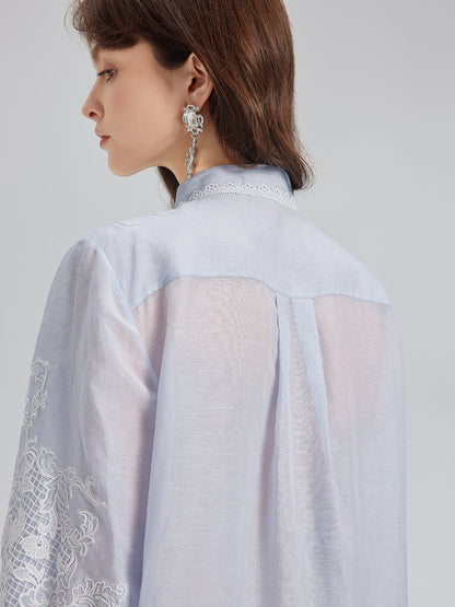 El Yapımı Yama İşli Keten Karışımlı Dantel Gömlek