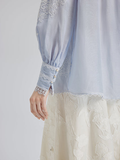 El Yapımı Yama İşli Keten Karışımlı Dantel Gömlek