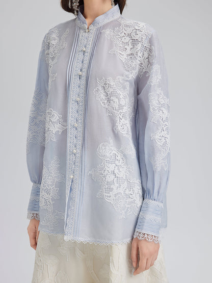 El Yapımı Yama İşli Keten Karışımlı Dantel Gömlek