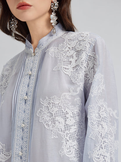 El Yapımı Yama İşli Keten Karışımlı Dantel Gömlek