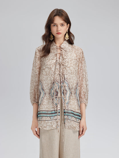 Önden Bağlamalı Vintage Çiçekli Bluz