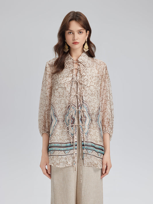 Önden Bağlamalı Vintage Çiçekli Bluz