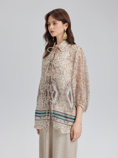 Önden Bağlamalı Vintage Çiçekli Bluz