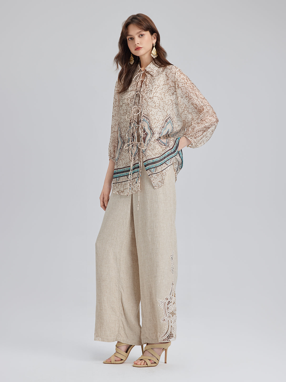 Fransız Keten Görünümlü Örgü Kemerli Dantelli Pantolon