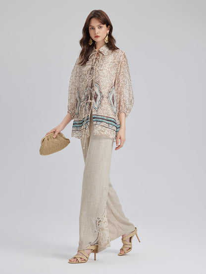 Önden Bağlamalı Vintage Çiçekli Bluz