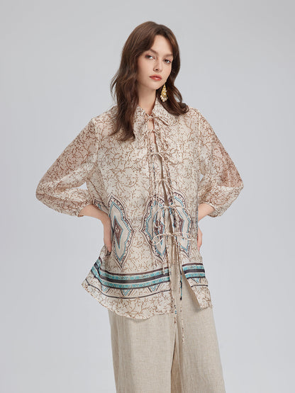Önden Bağlamalı Vintage Çiçekli Bluz