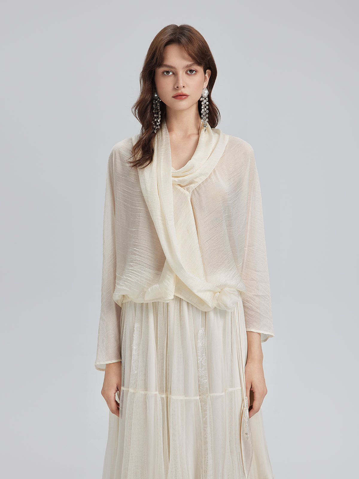 Asimetrik Drapeli Asetat Bluz