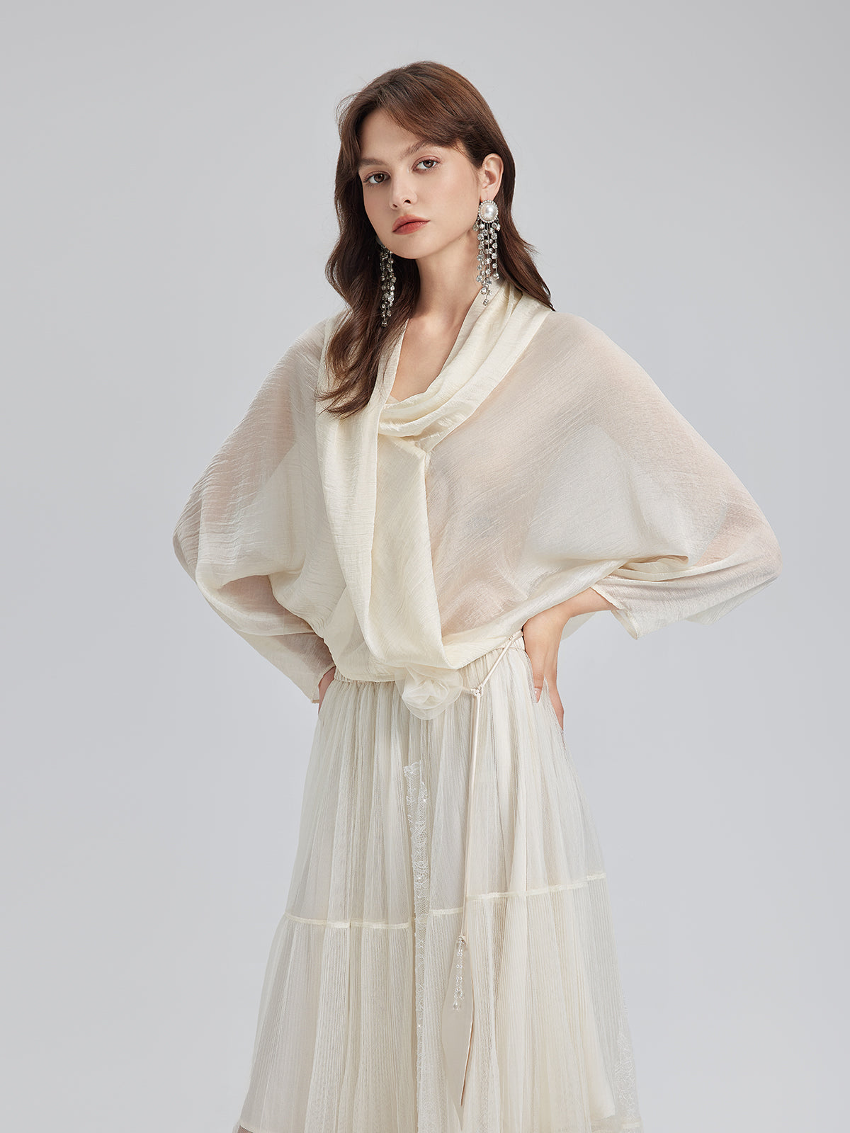 Asimetrik Drapeli Asetat Bluz