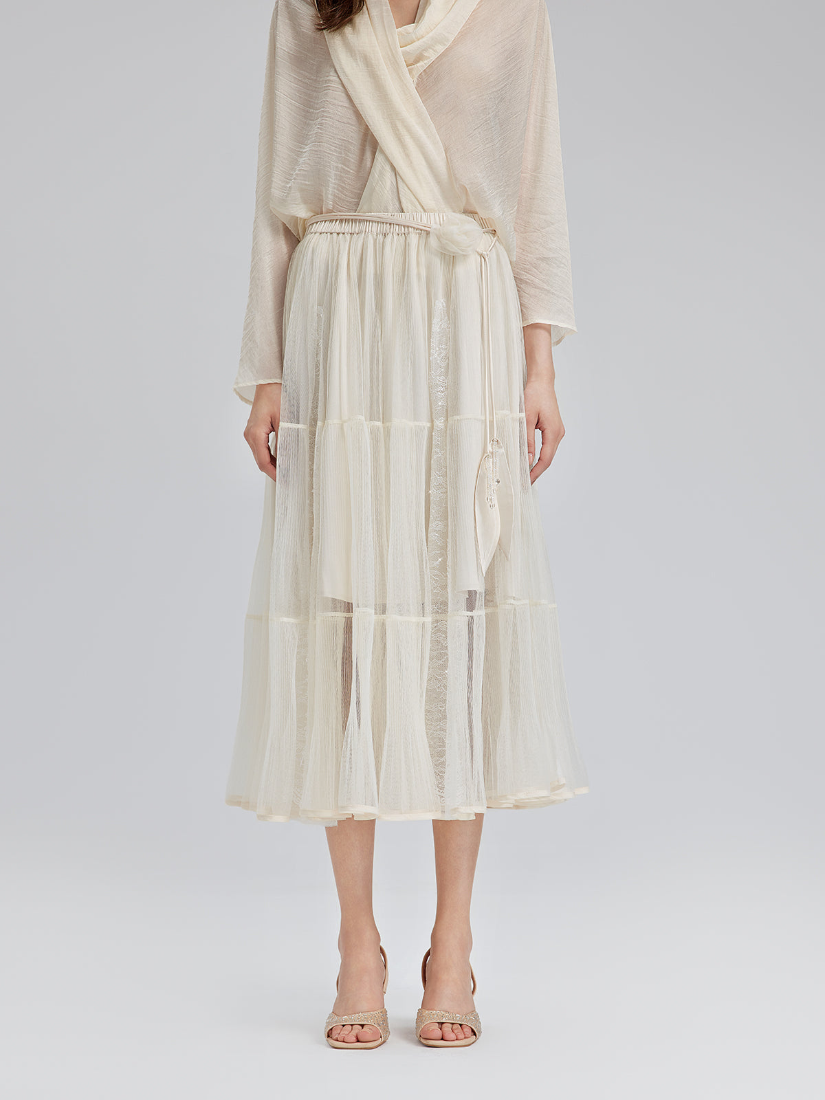 Pileli Tül Beli Lastikli Etek