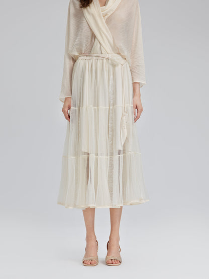 Pileli Tül Beli Lastikli Etek