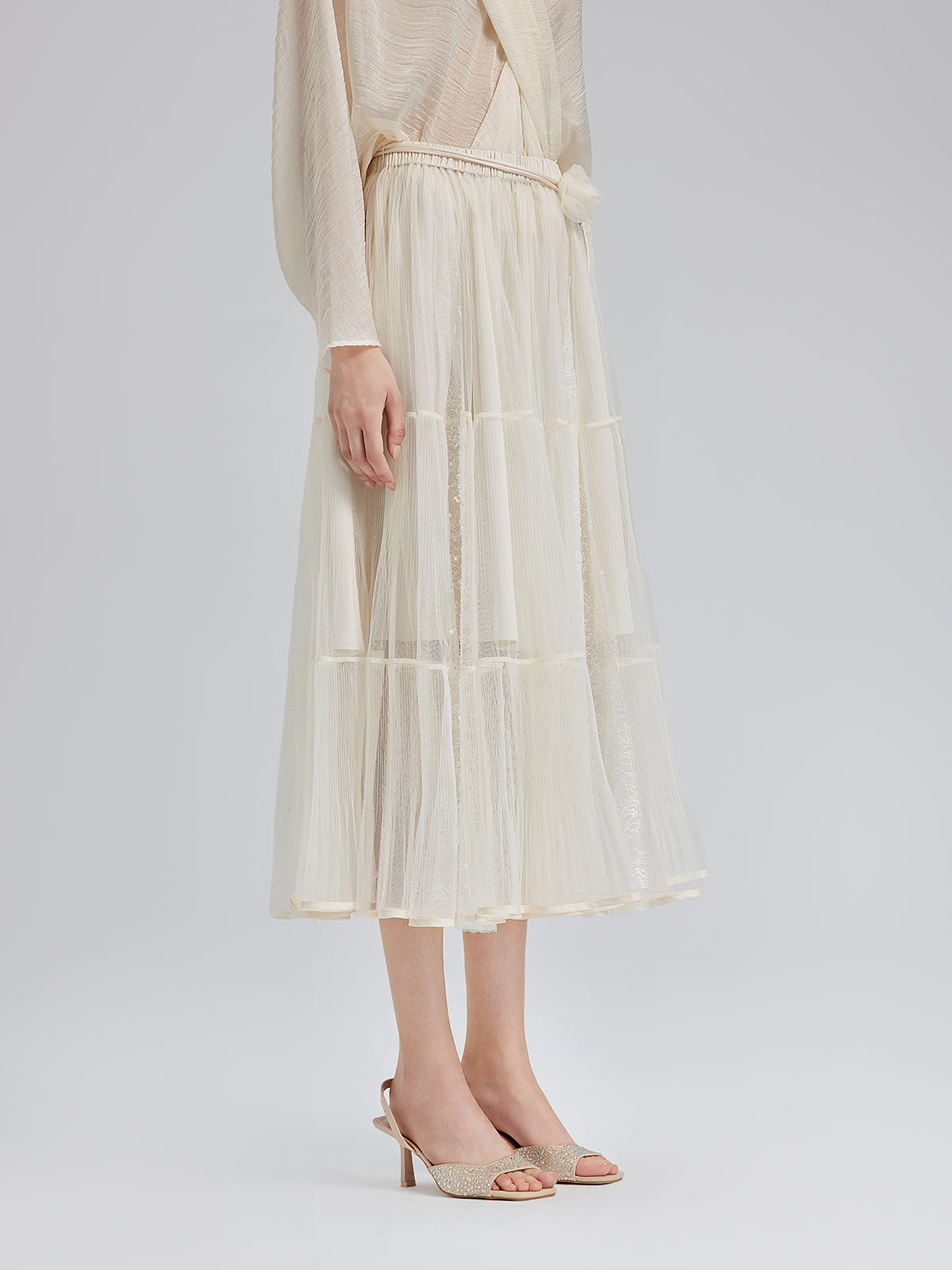 Pileli Tül Beli Lastikli Etek