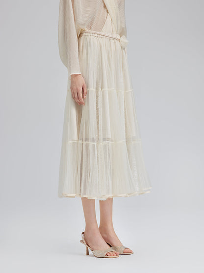 Pileli Tül Beli Lastikli Etek