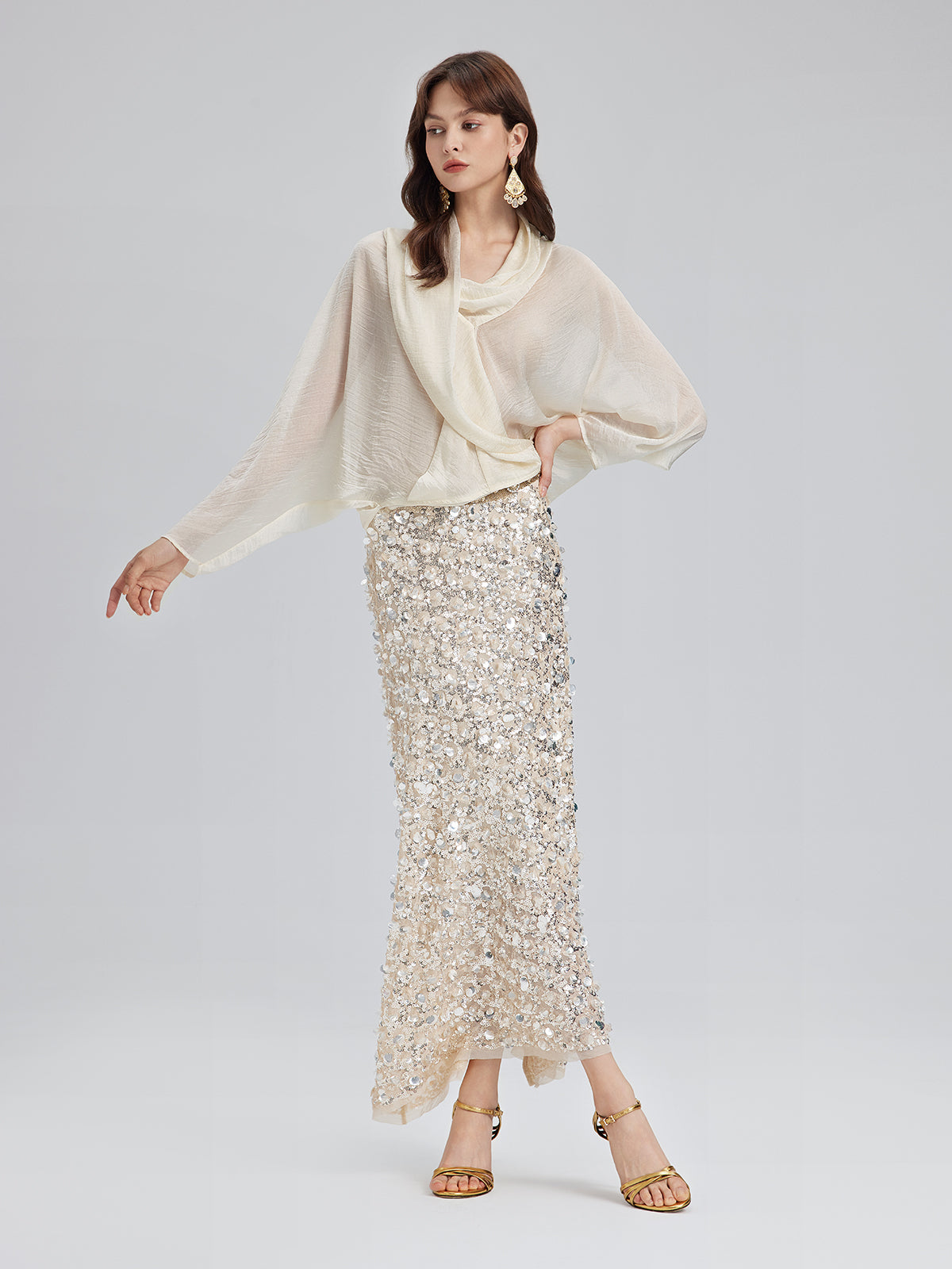 Asimetrik Drapeli Asetat Bluz