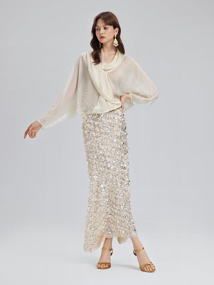 Asimetrik Drapeli Asetat Bluz