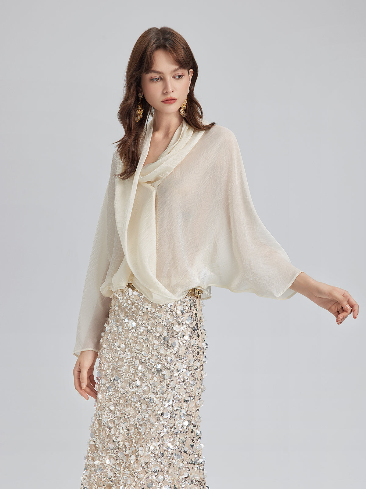 Asimetrik Drapeli Asetat Bluz