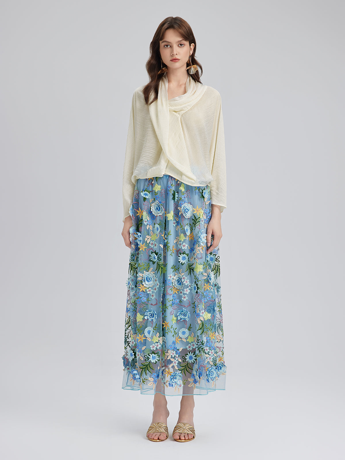 3 Boyutlu Çiçek İşlemeli Lastikli Etek