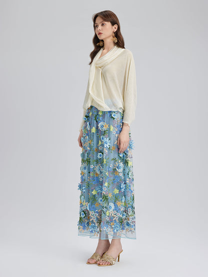 3 Boyutlu Çiçek İşlemeli Lastikli Etek