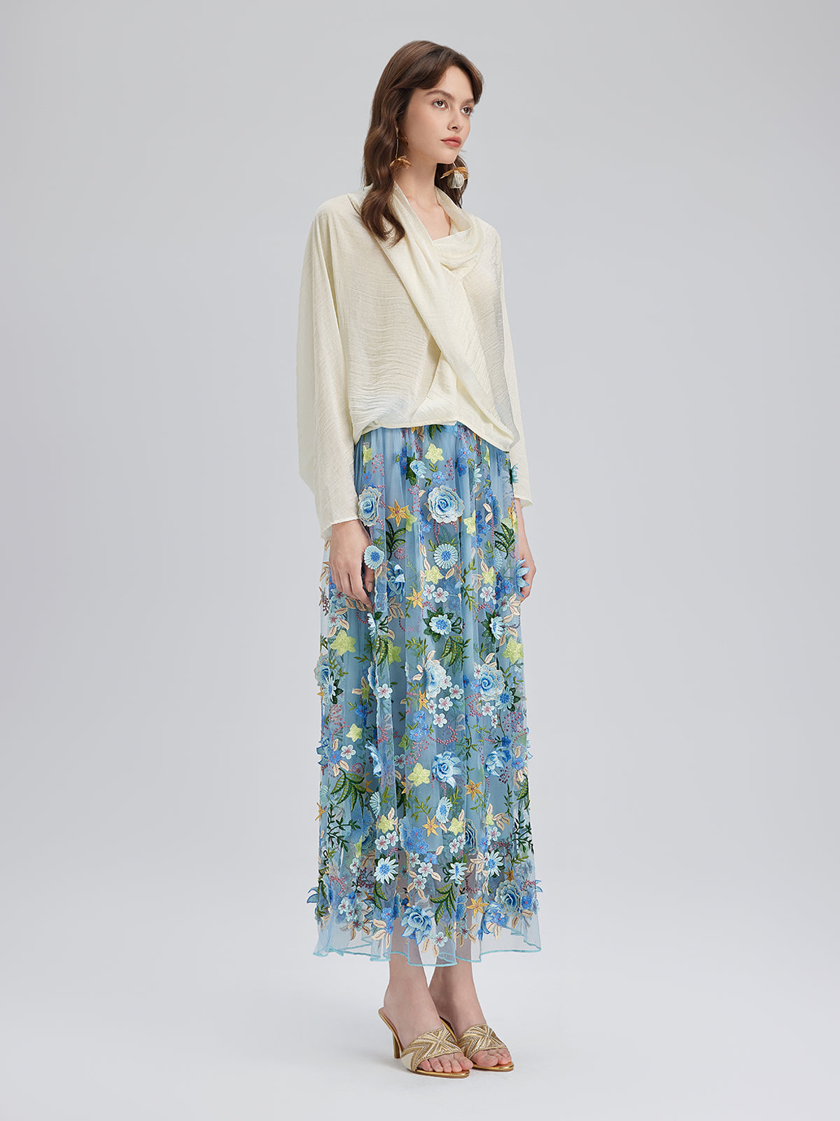 3 Boyutlu Çiçek İşlemeli Lastikli Etek