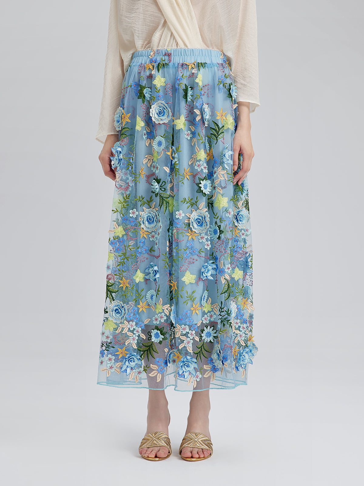 3 Boyutlu Çiçek İşlemeli Lastikli Etek