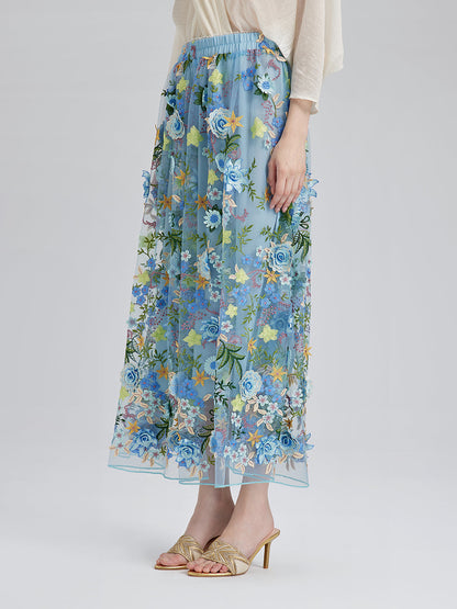 3 Boyutlu Çiçek İşlemeli Lastikli Etek