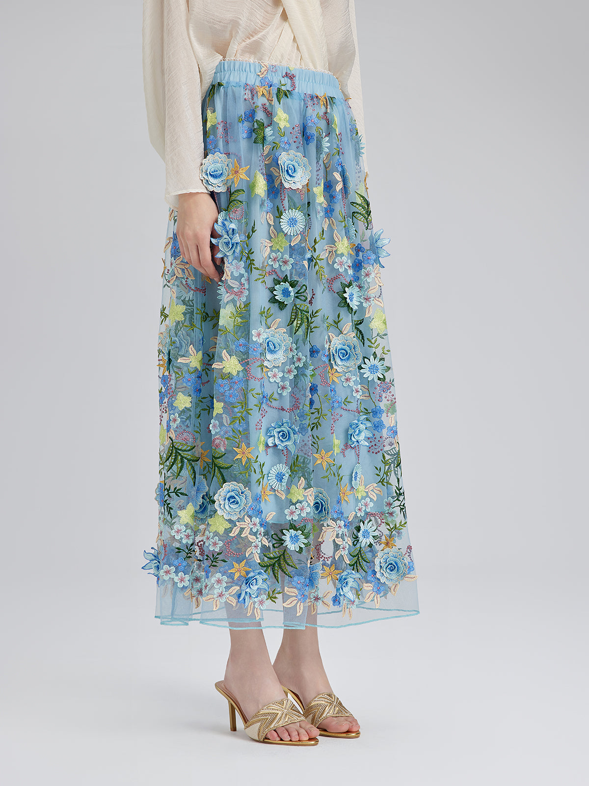 3 Boyutlu Çiçek İşlemeli Lastikli Etek