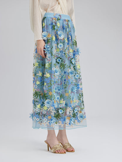 3 Boyutlu Çiçek İşlemeli Lastikli Etek