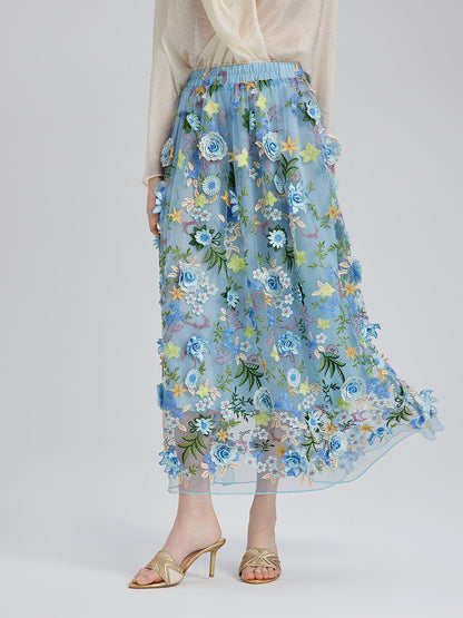 3 Boyutlu Çiçek İşlemeli Lastikli Etek