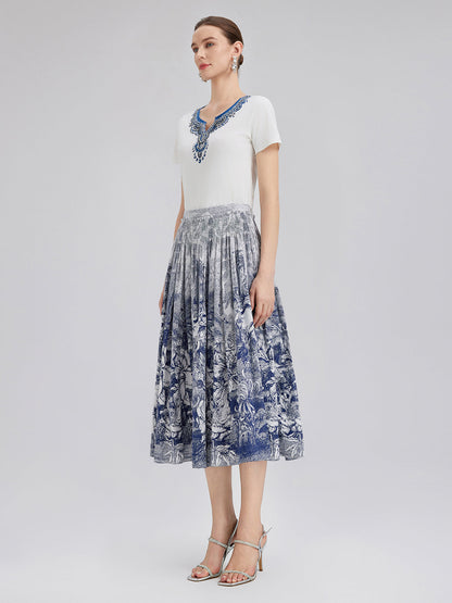 Pamuklu Desenli El İşlemeli Boncuklu Tişört