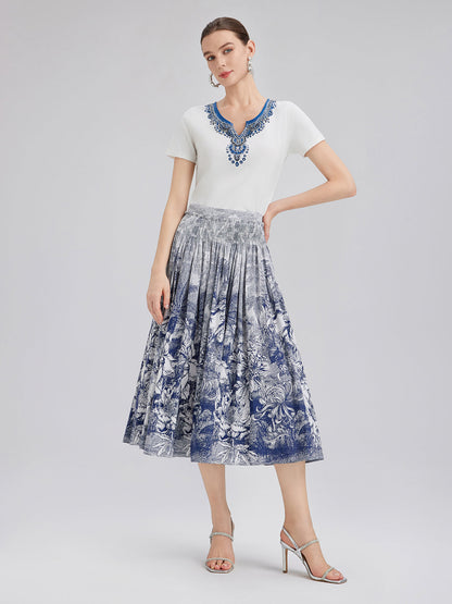 Pamuklu Desenli El İşlemeli Boncuklu Tişört