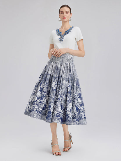 Pamuklu Desenli El İşlemeli Boncuklu Tişört