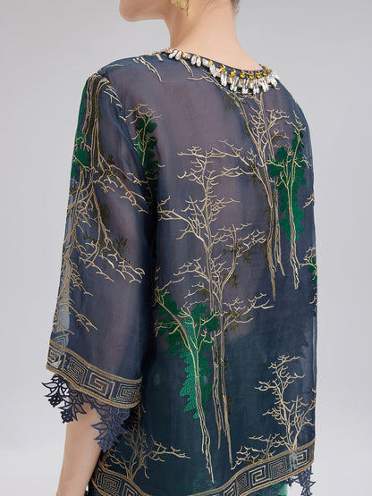 İpek Nakışlı Dantel Kenarlı Gömlek