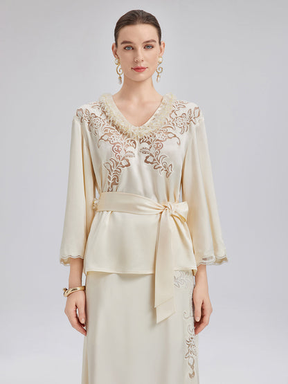 Nakışlı Pencereli Minimalist Uzun Kollu Bluz