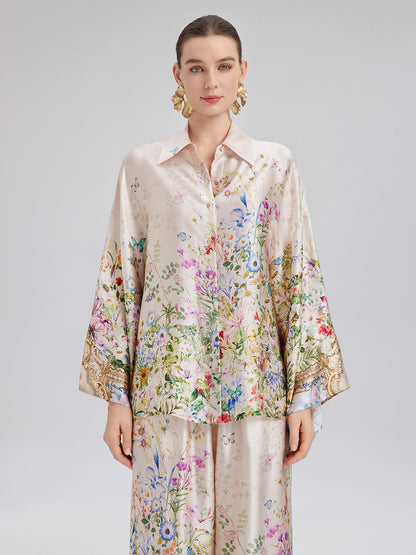 İpek Saten Çiçek Desenli Gömlek (%100 İpek)