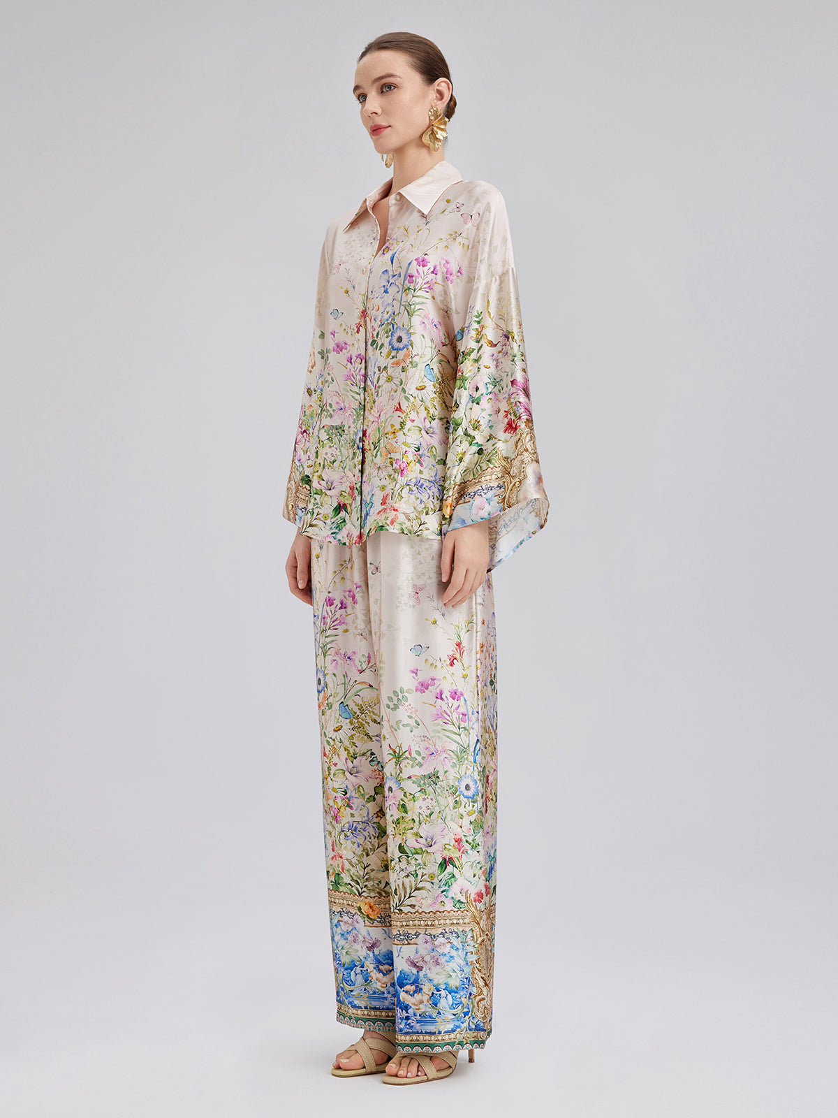 İpek Saten Çiçek Desenli Pantolon (%100 İpek)