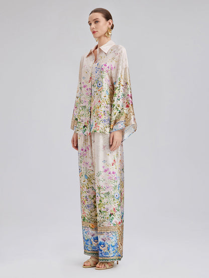 İpek Saten Çiçek Desenli Pantolon (%100 İpek)