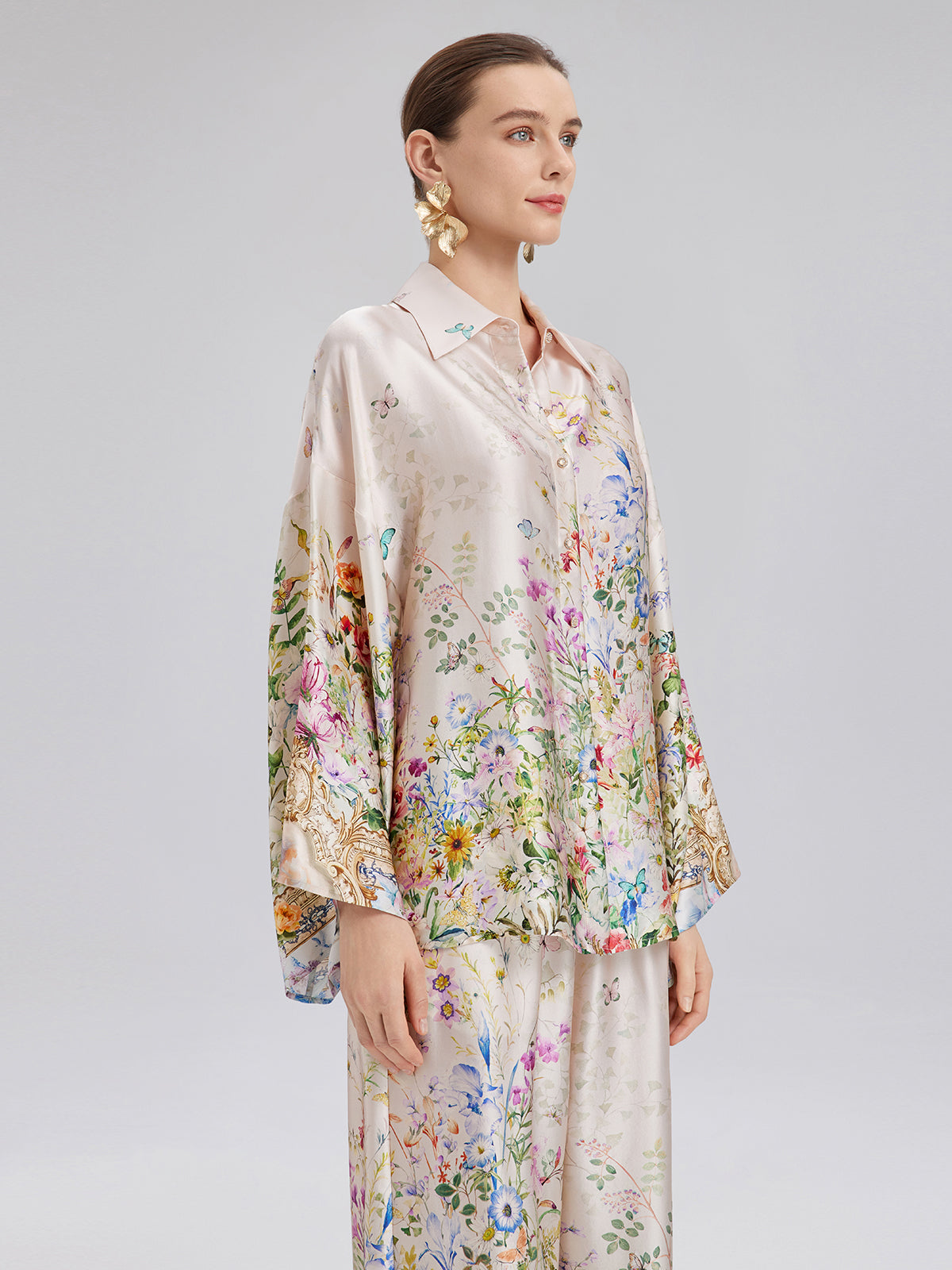 İpek Saten Çiçek Desenli Gömlek (%100 İpek)