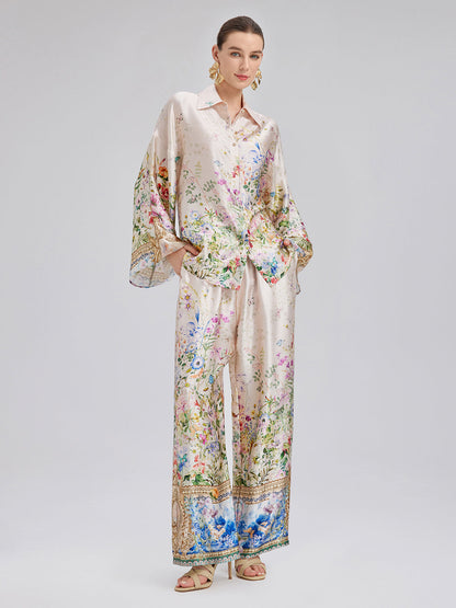 İpek Saten Çiçek Desenli Pantolon (%100 İpek)