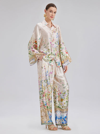 İpek Saten Çiçek Desenli Gömlek (%100 İpek)