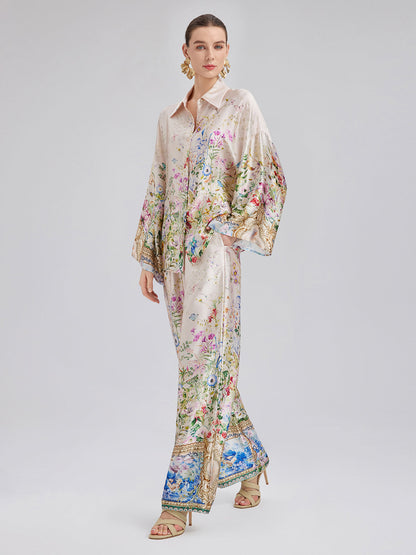 İpek Saten Çiçek Desenli Gömlek (%100 İpek)