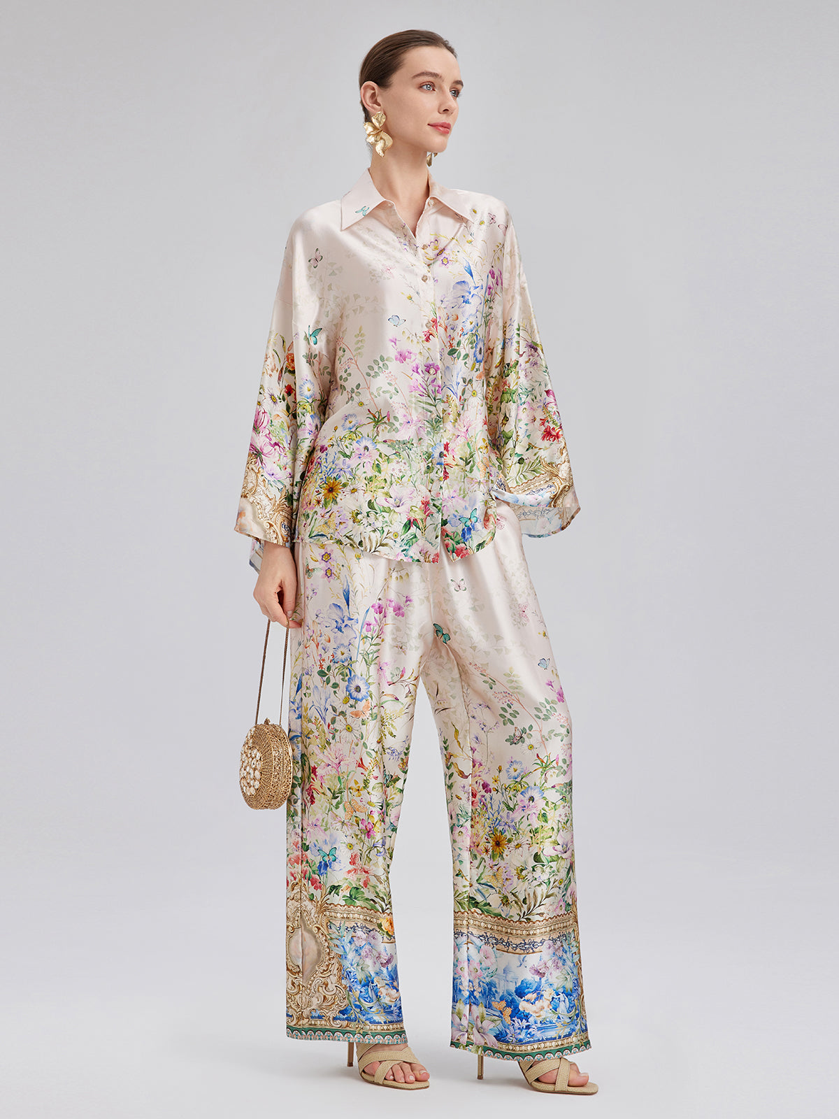 İpek Saten Çiçek Desenli Pantolon (%100 İpek)