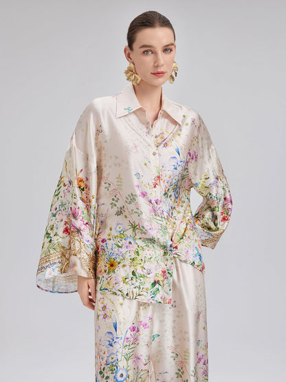 İpek Saten Çiçek Desenli Gömlek (%100 İpek)