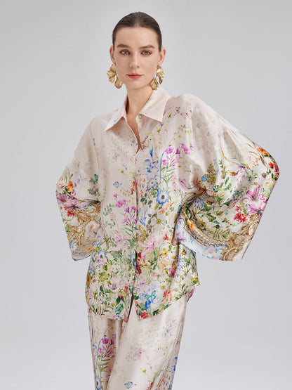 İpek Saten Çiçek Desenli Gömlek (%100 İpek)