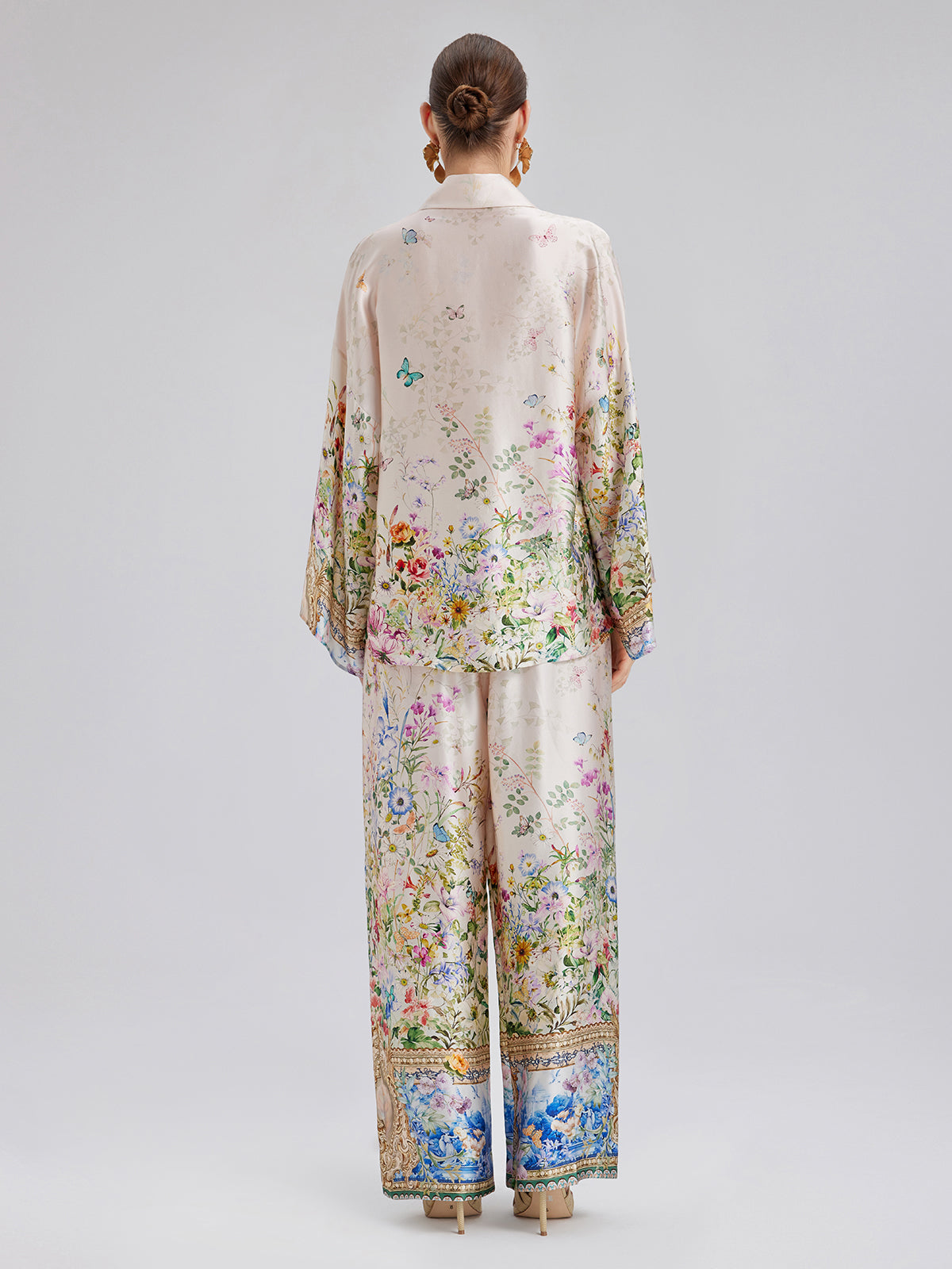 İpek Saten Çiçek Desenli Gömlek (%100 İpek)