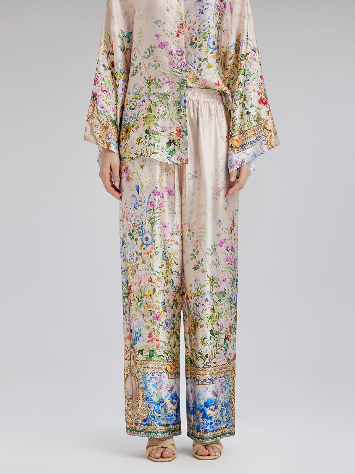 İpek Saten Çiçek Desenli Pantolon (%100 İpek)