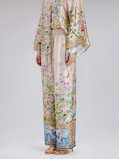 İpek Saten Çiçek Desenli Pantolon (%100 İpek)